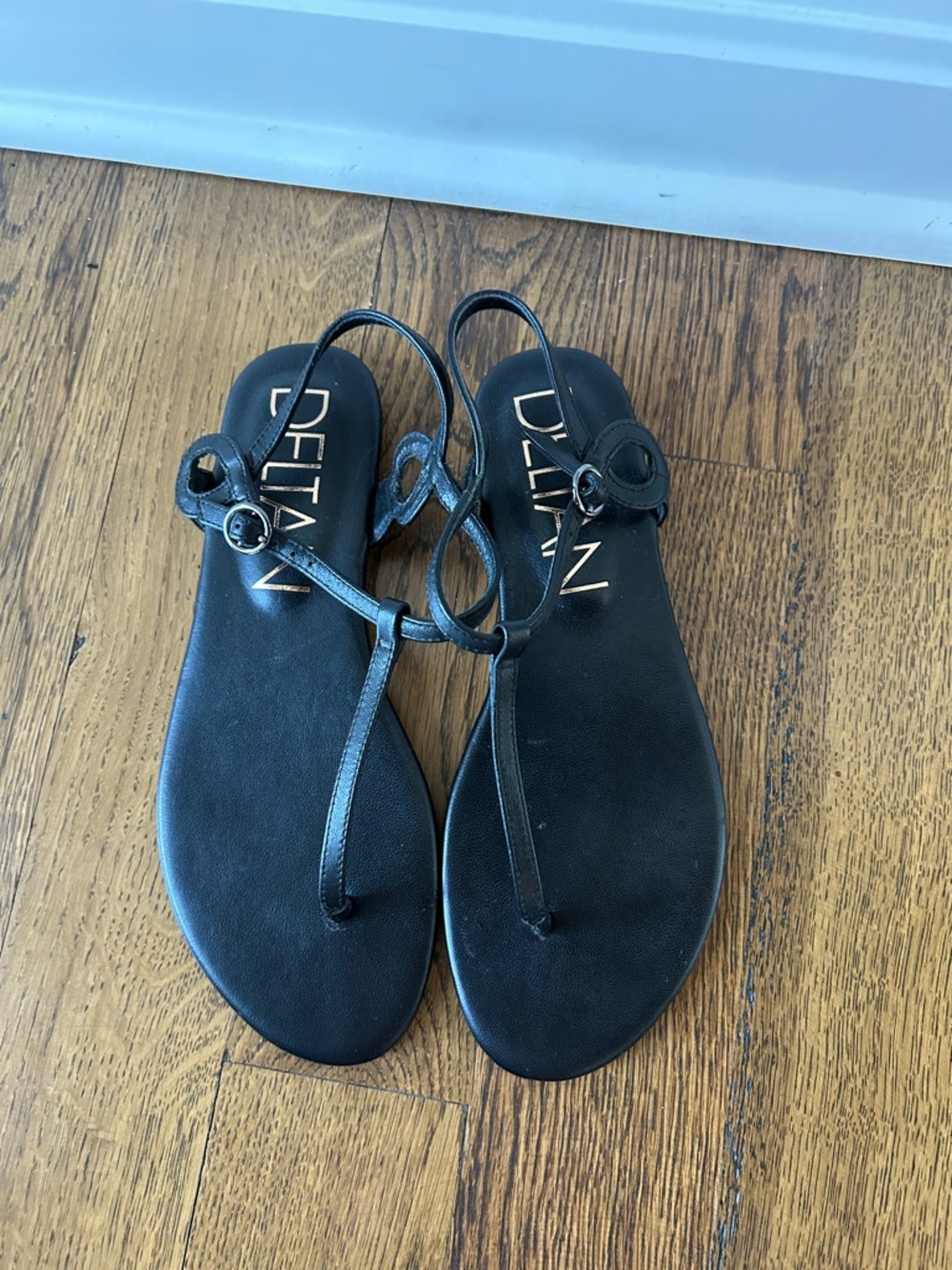 Delta Black T-Strap Slingback Sandals with Ankle Buckle